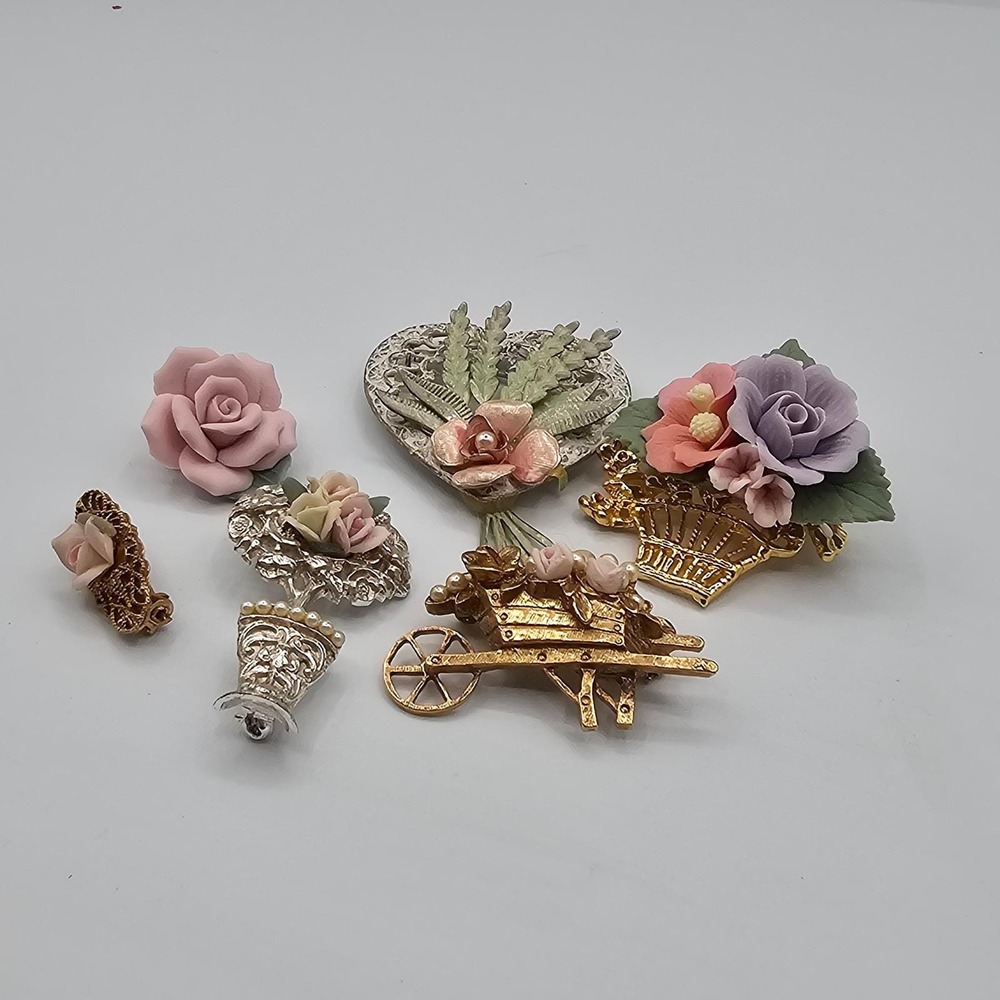 Vtg Porcelain Resin Rose Brooch Lot Victorian Revival Garden Spring Cottagecore - Picture 13 of 14